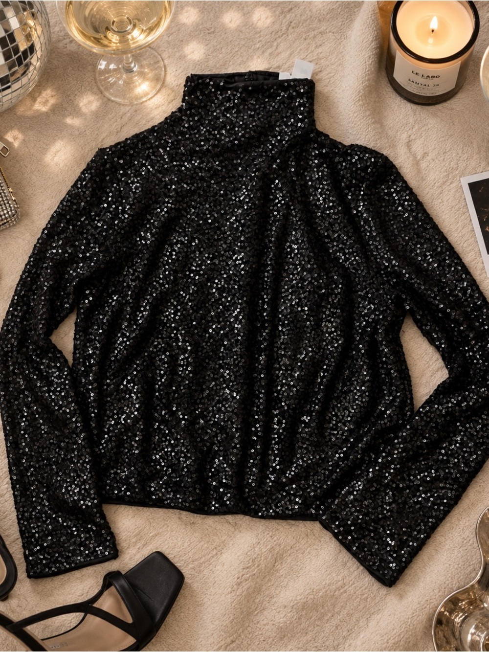 H&M Sequined Mock Turtleneck Top — Black, Size M